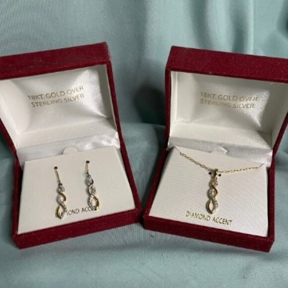 NIB 18K Gold over Sterling Genuine Diamond Necklace & Earring Set - Picture 1 of 4
